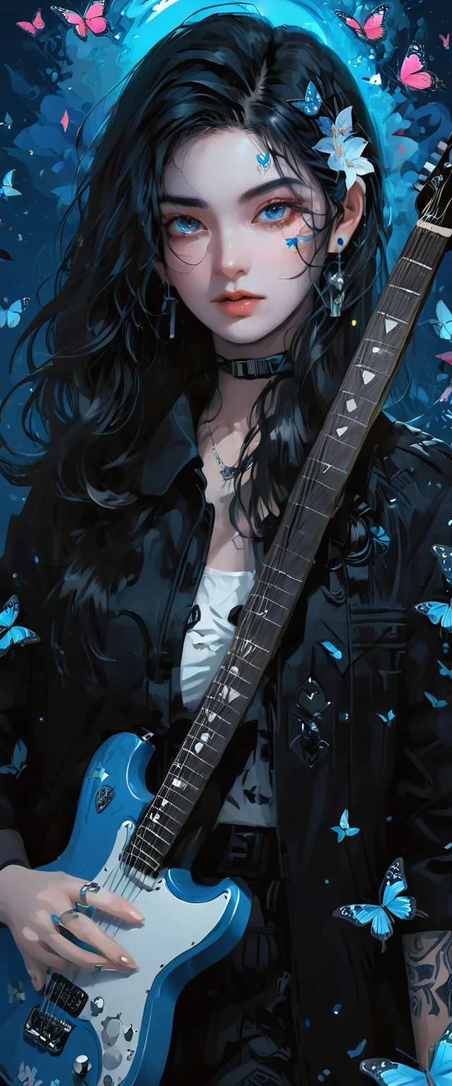 a woman with a guitar in her hand and a background of flowers and butterflies and stars is depicted in this artistic illustration of a woman with a guitar in her hand and a black background of a blue and a blue background,with a,and a,Alice Prin,dark background,cyberpunk art,synchromism,