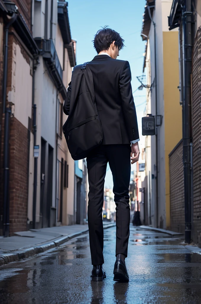 high resolution Anime Style New social person Back view of the person heading to the company Black suit Townscape