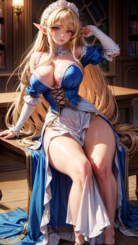 Queen elf woman, wears a maid outfit showing her panties, has long messy shaggy blonde hair, It has red eyes, has a big breast.