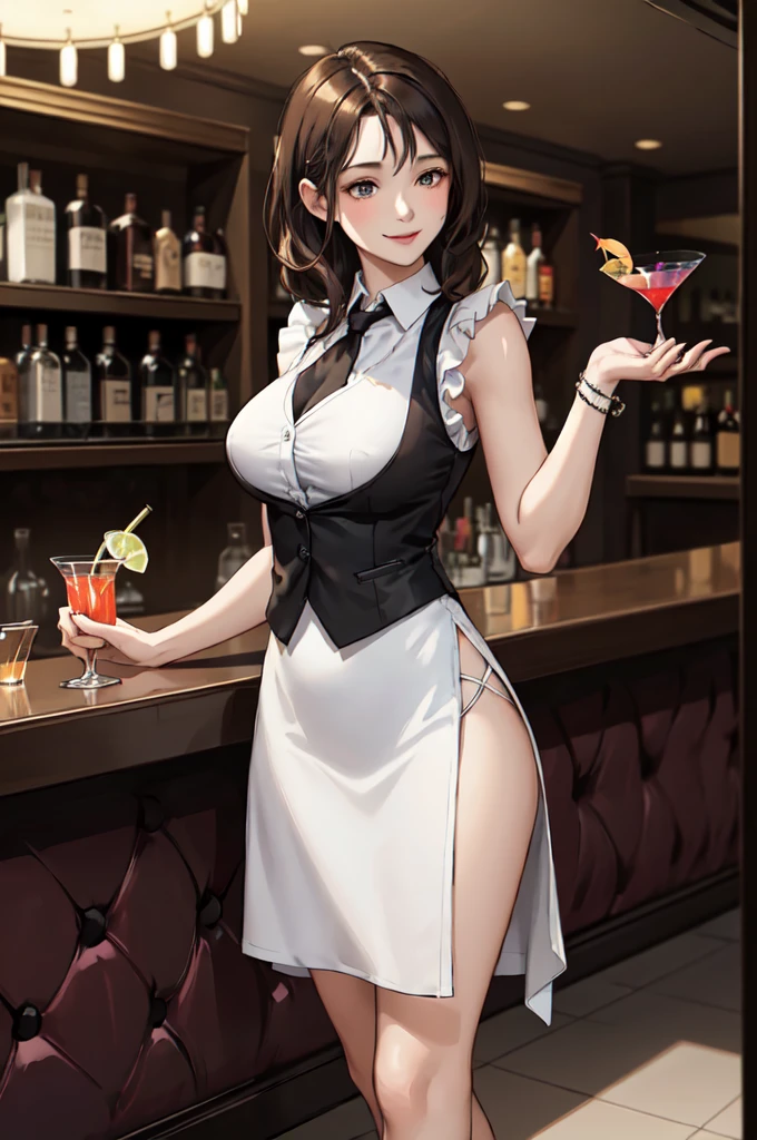 1lady standing, (holding up cocktail glass) (presenting cocktail glass toward viewers), bartender, (black vest over white dress shirt) tie, stylish outfit, mature female, /(dark brown hair/), kind smile, (masterpiece best quality:1.2) delicate illustration ultra-detailed, medium breasts BREAK (fashionable bar counter) indoors, ((cocktail glass) filled with colorful liquor), (dimly lit room), liquor bottles, detailed background