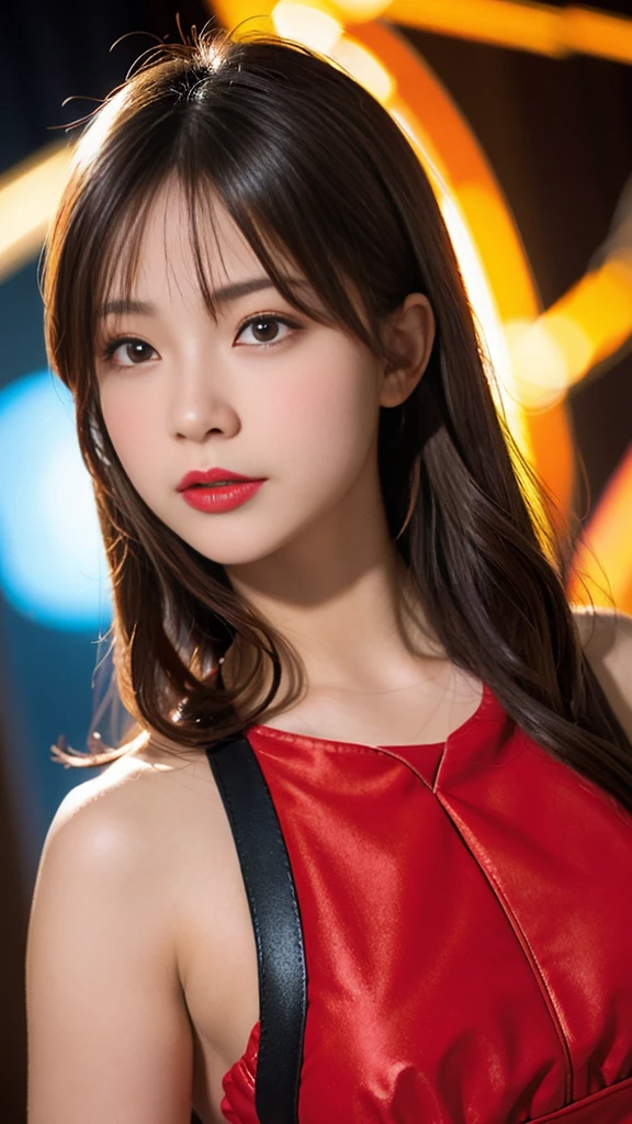 One girl,Brunette color hair,Red eyes,Fire Witch,Blood,Particles of light,light,wallpaper,High contrast,Dazzling,