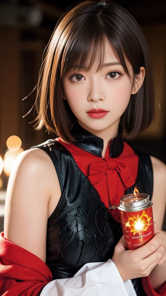 One girl,Brunette color hair,Red eyes,Fire Witch,Blood,Particles of light,light,wallpaper,High contrast,Dazzling,