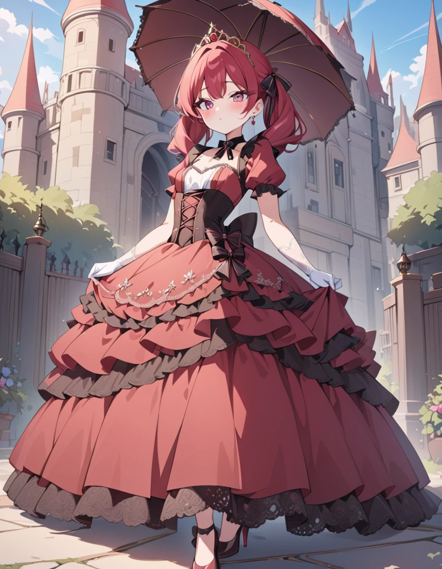 (best quality,4k,8k,highres,masterpiece:1.2),ultra-detailed, Pretty 15 years old princess, drawn in anime style, is cute and joyful, long red pigtails hair, pink eyes, small breast, lipstick, makeup, pink eyeshadow, long eyelashes, dainty and delicate body, steampunk, red princess gown with puffy sleeves, Dominant shades of red, physically-based rendering,gorgeous dress design,flowing gown,elaborate lace details,rich textures,contrast stitching,delicate ribbon bows,floral accents,long maxi skirt,short sleeves,fitted waistline,lace-up back,luxurious fabrics,flawless silhouette, petticoat, bustle, corset, hair ribbons, white elbow gloves, ruby earrings and necklace, gold tiara, high heels, holding a lacy umbrella, walking in castle garden, beautiful sunny and cloudy sky.