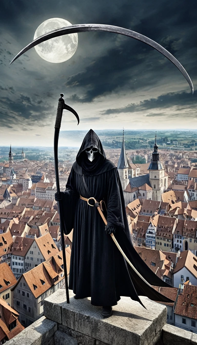 Symbolic image of a scythe-wielding Grim Reaper looming over a 14th-century European cityscape"