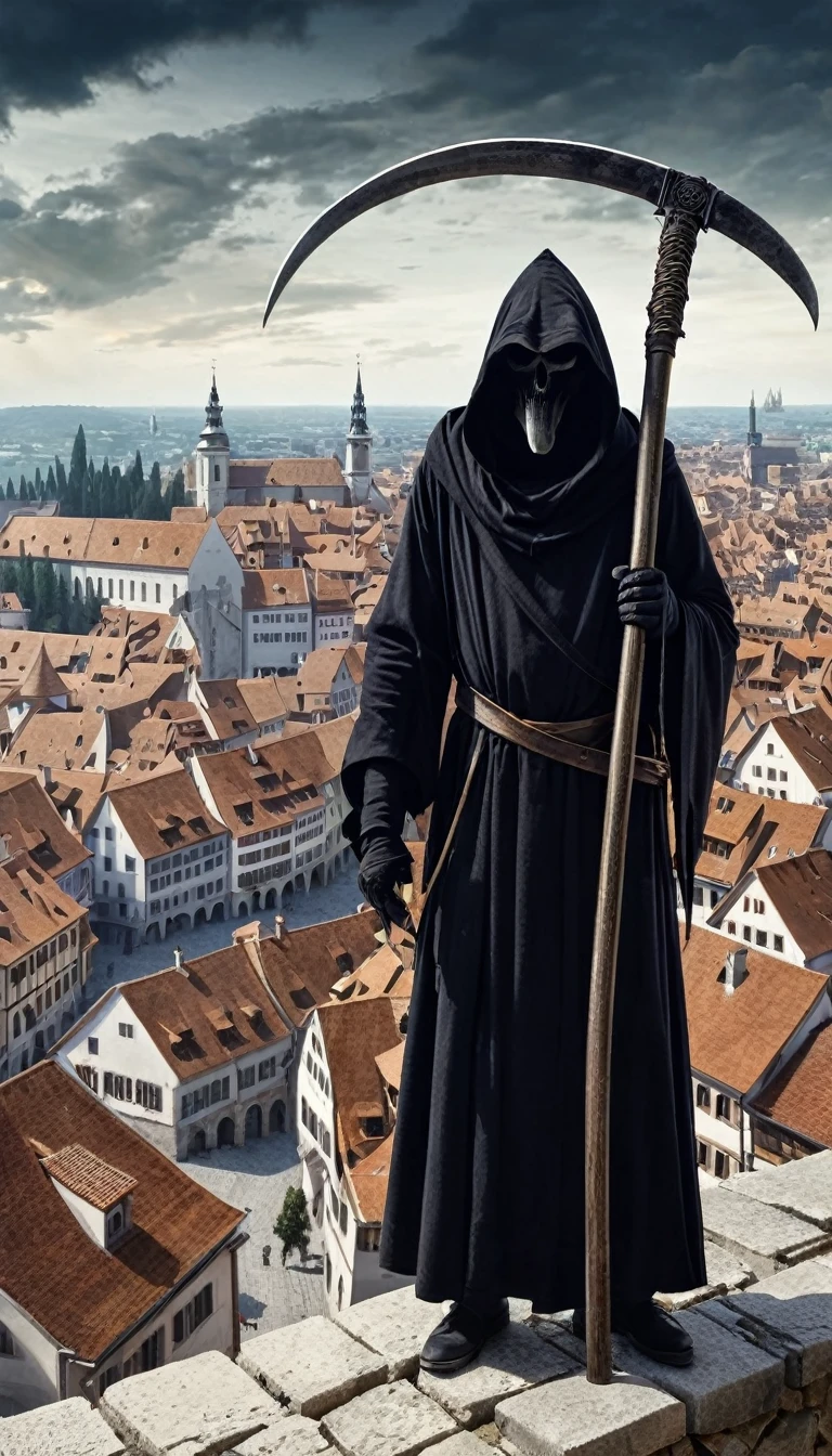 Symbolic image of a scythe-wielding Grim Reaper looming over a 14th-century European cityscape"