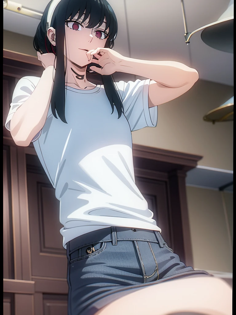 ((best quality)), ((masterpiece)), (detailed), ( Yor forger ) , wearing short sleeves white printed t-shirt and blue jeans , in home , looking at camera