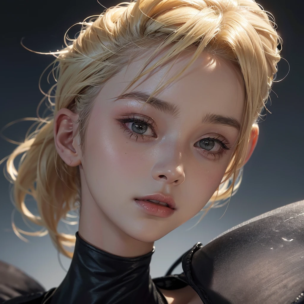 a 20 yo woman, blonde, (hi-top fade:1.3), dark theme, soothing tones, muted colors, high contrast, (natural skin texture, hyperrealism, soft light, sharp)