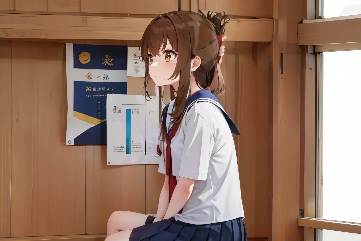 A female student in a sailor uniform sitting on the floor of the gymnasium and watching a physical education class because she feels unwell,(masterpiece, best quality:1.2),illustration,8K,HD,1girl,独奏,upper body,(portrait:1.2),brown_hair,folded_ponytail,brown_eyes,serafuku,long_hair,school_uniform,skirt,pleated_skirt,