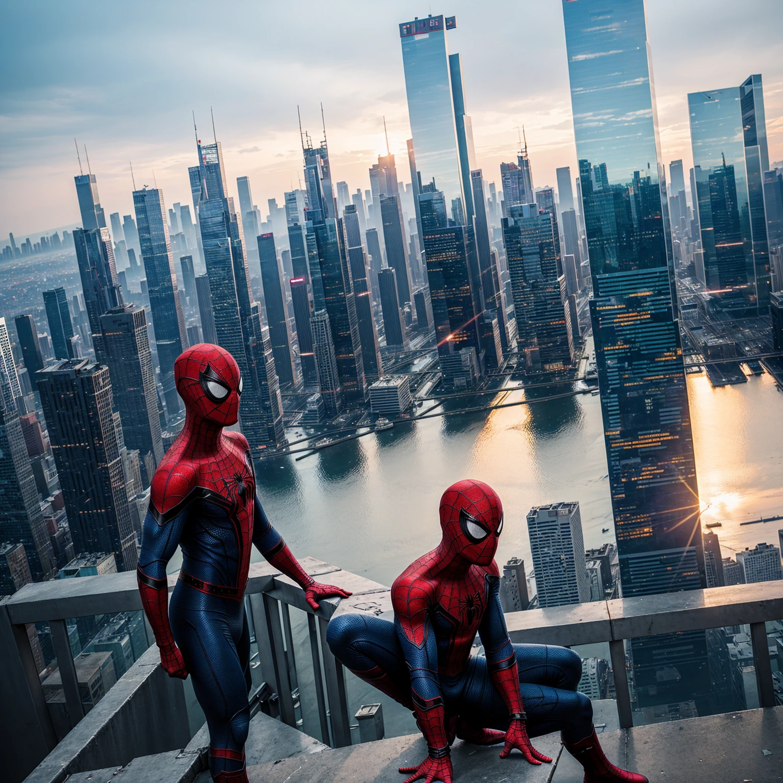 a young spiderman superhero boy standing on top of a city building, lighting, cyberpunk style, cool, wide angle