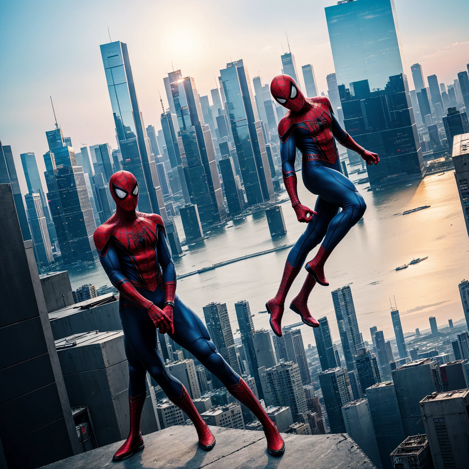 a young spiderman superhero boy standing on top of a city building, lighting, cyberpunk style, cool, wide angle