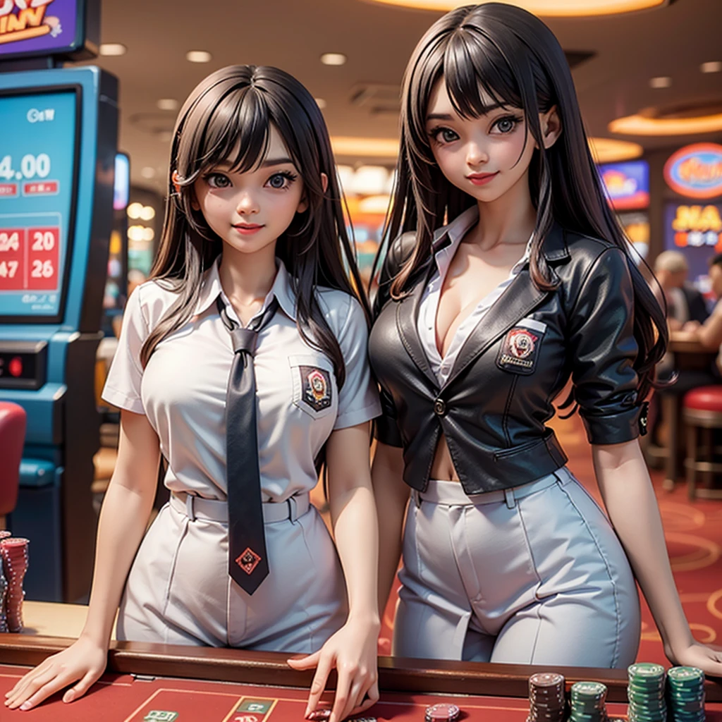 ((best quality)), ((masterpiece)), (detailed), happy and smile, {{indonesian girl}}, {wearing high school uniform}, teasing and waiting customer play, standing, playing in casino, red casino background, polite and kind, Sweet Face, roulette table, poker table, big slot machines right and left, win jackpot, {{no headwear, no hat}}, private casino, crowded gambling area in background, so crowded, so many people, las vegas, american, illusions, halloween casino, dont wear hat, no headwear, no hat, together with thailand and vietnam girl, 