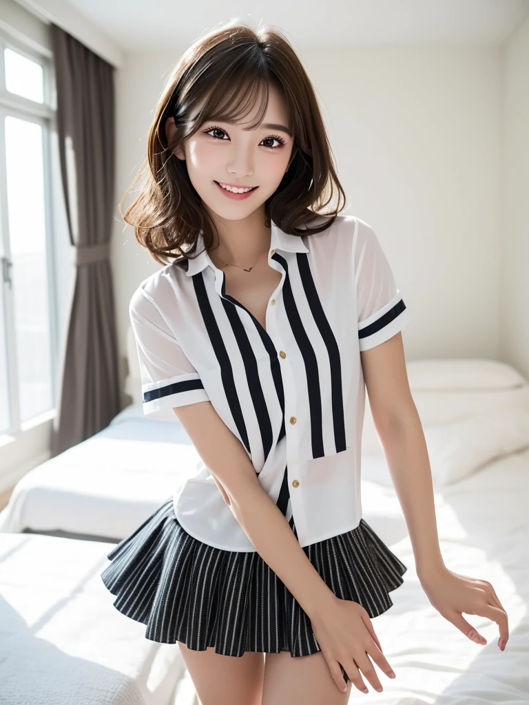 (Highest quality:1.9)、(High resolution)、Live-action image quality、((20-year-old woman、1 person))、Soft lighting by a professional photographer、Natural light、((Very spacious white luxurious room:1.6))、((Bright white room:1.6))、(Standing in front of a very luxurious white bed:1.2)、(White bookshelf background:1.1)、Natural soft light、((Black Hair Color:1.1))、Fair skin、Detailed Eyes、double eyelid、Slightly puffy cheeks、((Small Face:1.0))、((White short-sleeved shirt、Please wear it with the chest open.:1.7))、((White and black striped skirt:1.2))、(Cute Smile)、((Girly pose 1.8))、((Long curly hair:1.1))、((Full Body Shot:1.2))、((Height: 165cm))、Hands in front、Hold hands between legs、