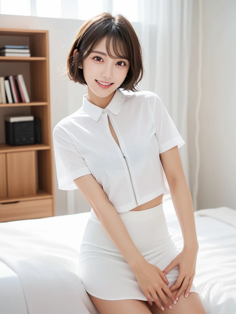 (Highest quality:1.9)、(High resolution)、Live-action image quality、((20-year-old woman、1 person))、Soft lighting by a professional photographer、Natural light、((Very spacious white luxurious room:1.6))、((Bright white room:1.6))、(Standing in front of a very luxurious white bed:1.2)、(White bookshelf background:1.1)、Natural soft light、((Black Hair Color:1.1))、Fair skin、Detailed Eyes、double eyelid、Slightly puffy cheeks、((Small Face:1.0))、((White short-sleeved shirt、Please wear it with the chest open.:1.7))、((White and black striped skirt:1.2))、(Cute Smile)、((Girly pose 1.8))、((Long curly hair:1.1))、((Full Body Shot:1.2))、((Height: 165cm))、Hands in front、Hold hands between legs、