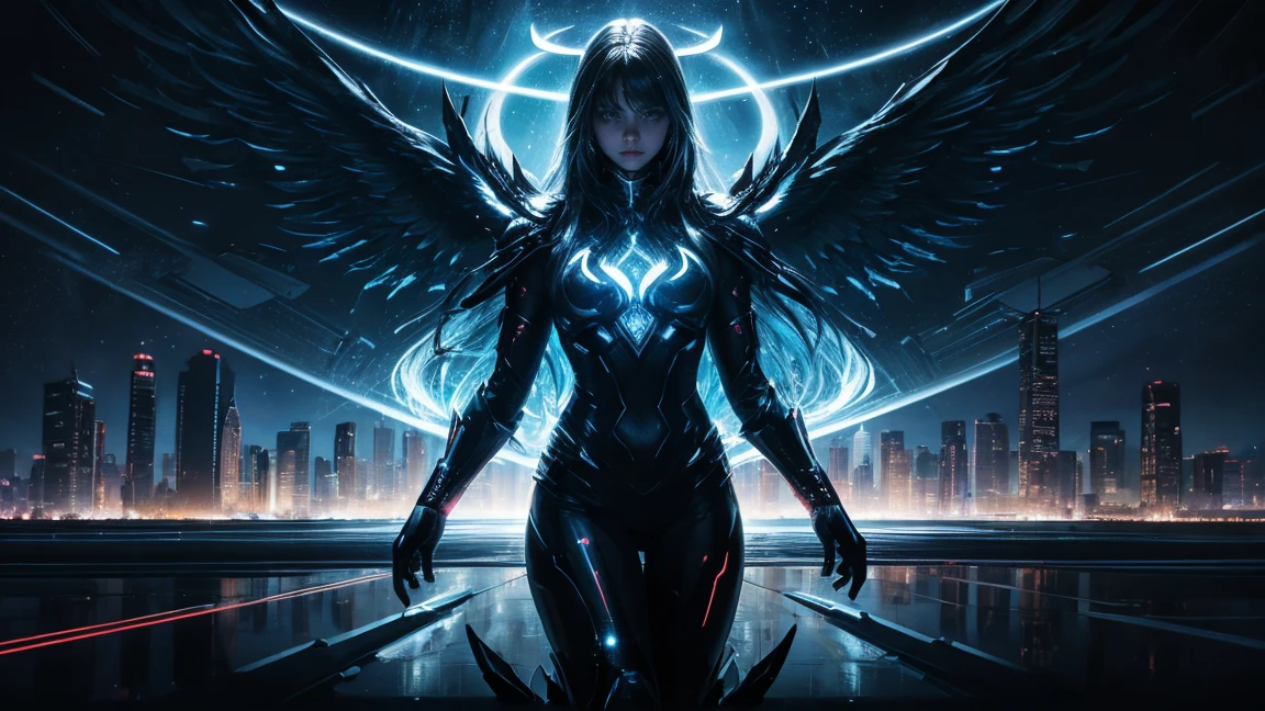 ((masterpiece, Highest quality, Best image quality, High resolution、４ｋ)) One evil black masked angel、Glowing white wings、Glowing halo、Female body。Flowing White Cyber Robe、god々Shining with a bright light。Shiny advanced cybernetic enhancements. Seen in dynamic action poses, reflection on a smooth surface. The cityscape below is filled with towering skyscrapers., illuminated by colorful holographic advertisements, Shining with blue energy, Mighty power. The overall atmosphere is dark and mysterious., It had a futuristic techno vibe.. The lighting is dramatic, Intense highlights and deep shadows, Creates depth and tension