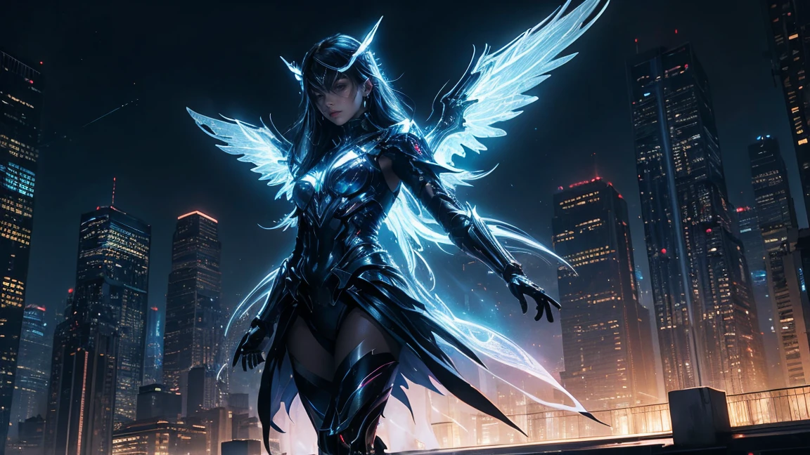 ((masterpiece, Highest quality, Best image quality, High resolution、４ｋ)) One evil black masked angel、Glowing white wings、Glowing halo、Female body。Flowing White Cyber Robe、god々Shining with a bright light。Shiny advanced cybernetic enhancements. Seen in dynamic action poses, reflection on a smooth surface. The cityscape below is filled with towering skyscrapers., illuminated by colorful holographic advertisements, Shining with blue energy, Mighty power. The overall atmosphere is dark and mysterious., It had a futuristic techno vibe.. The lighting is dramatic, Intense highlights and deep shadows, Creates depth and tension