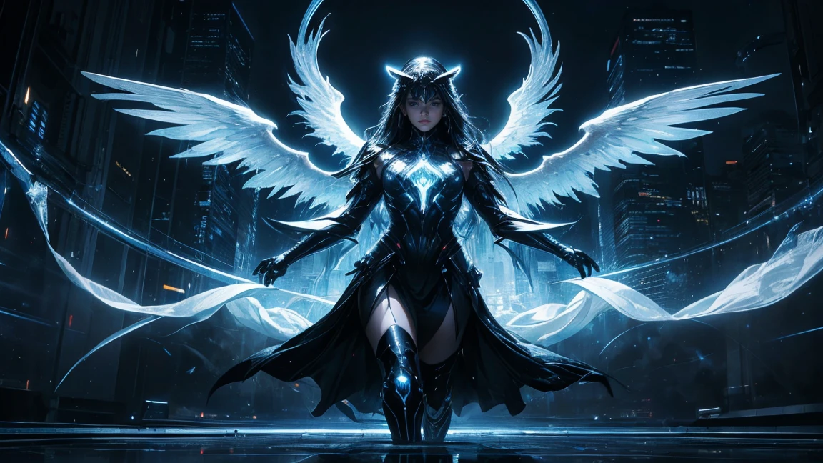 ((masterpiece, Highest quality, Best image quality, High resolution、4k)) One evil black masked angel、Glowing white wings、Glowing halo、Female body。Flowing White Cyber Robe、god々Shining with a bright light。Shiny advanced cybernetic enhancements. Seen in dynamic action poses, reflection on a smooth surface. The cityscape below is filled with towering skyscrapers., illuminated by colorful holographic advertisements, Shining with blue energy, Mighty power. The overall atmosphere is dark and mysterious., It had a futuristic techno vibe.. The lighting is dramatic, Intense highlights and deep shadows, Creates depth and tension