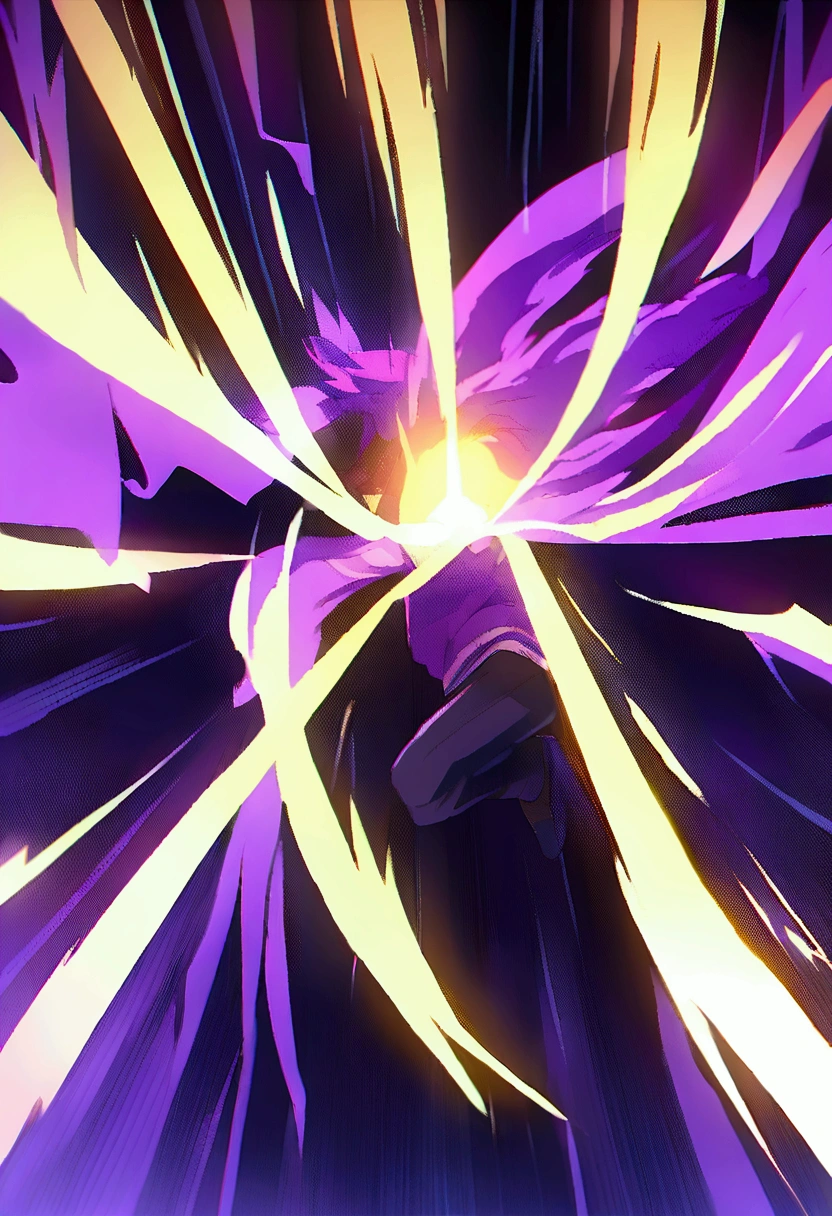 Anime protagonist、male、Purple hoodie、Black trousers、bare hands、Wrapped in thunder、雷を纏ったFlying Slash、Flying Slash