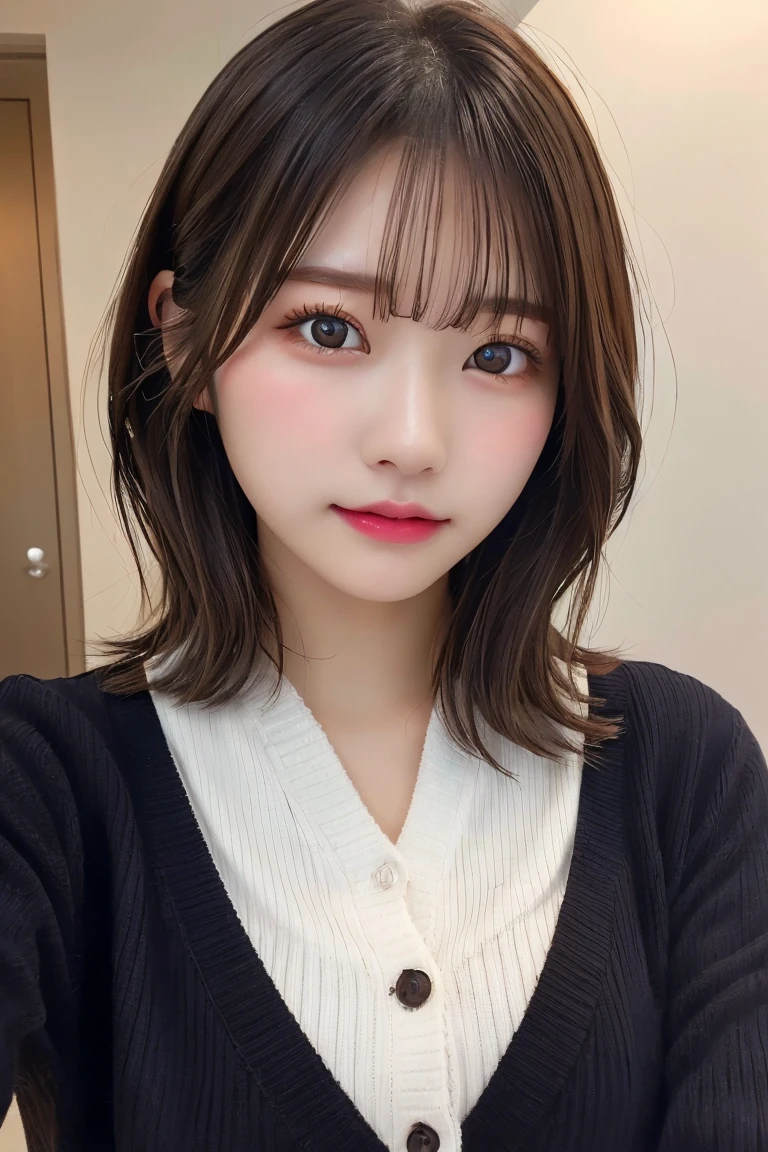 Highest quality、（beautiful）、Precision Eyes、Fine skin、Brown eyes、22-year-old female、Brown Hair、looking at the camera、Gal、Semi-short hair、Long sleeve cardigan、Selfie、Removed button、hot spring、Lips without makeup