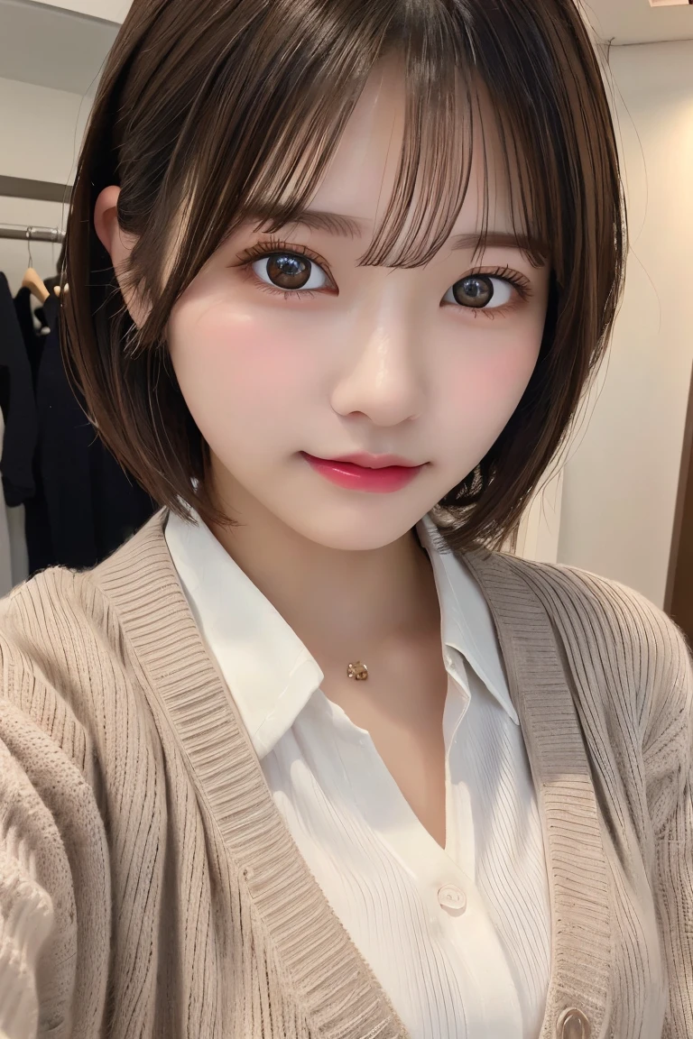 Highest quality、(beautiful)、Precision Eyes、Fine skin、Brown eyes、22-year-old female、Brown Hair、looking at the camera、Gal、Semi-short hair、Long sleeve cardigan、Selfie、Removed button、hot spring、Lips without makeup