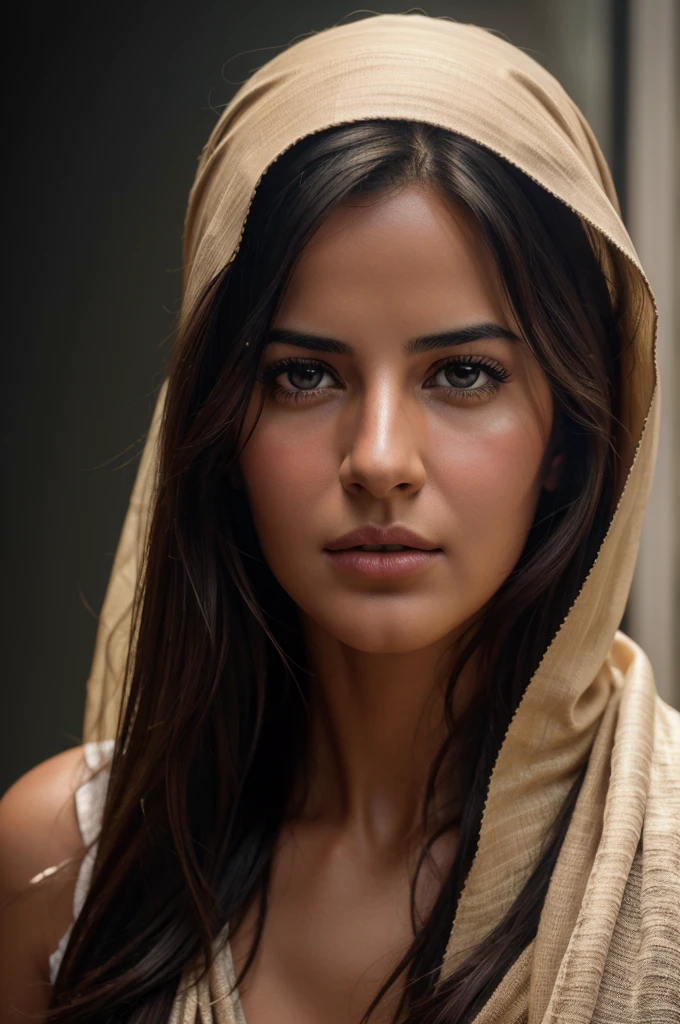 Looks Like KATRINA KAIF, a photorealistic portrait of a stunningly beautiful woman without make-up, extremely detailed light hazel eyes, detailed symmetric realistic face, natural skin texture, extremely detailed skin with skin pores, peach fuzz, messy hair, wearing shawl over her head, masterpiece, absurdres, award winning photo by lee jeffries, nikon d850 film stock photograph, kodak portra 400 camera f1.6 lens, extremely detailed, amazing, fine detail, rich colors, hyper realistic lifelike texture, dramatic lighting, unrealengine, trending on artstation, cinestill 800 tungsten, looking at the viewer, photo realistic, RAW photo, TanvirTamim, high quality, highres, sharp focus, extremely detailed, cinematic lighting, 8k uhd