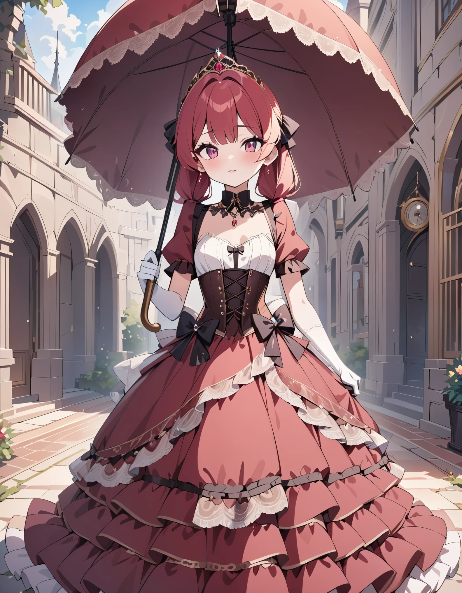 (best quality,4k,8k,highres,masterpiece:1.2),ultra-detailed, Pretty 15 years old princess, drawn in anime style, is cute and joyful, long red pigtails hair, pink eyes, small breast, lipstick, makeup, pink eyeshadow, long eyelashes, dainty and delicate body, steampunk, red princess gown with puffy sleeves, Dominant shades of red, physically-based rendering,gorgeous dress design,flowing gown,elaborate lace details,rich textures,contrast stitching,delicate ribbon bows,floral accents,long maxi skirt,short sleeves,fitted waistline,lace-up back,luxurious fabrics,flawless silhouette, petticoat, bustle, corset, hair ribbons, white elbow gloves, ruby earrings and necklace, gold tiara, high heels, holding a lacy umbrella, walking in castle garden, beautiful sunny and cloudy sky. 