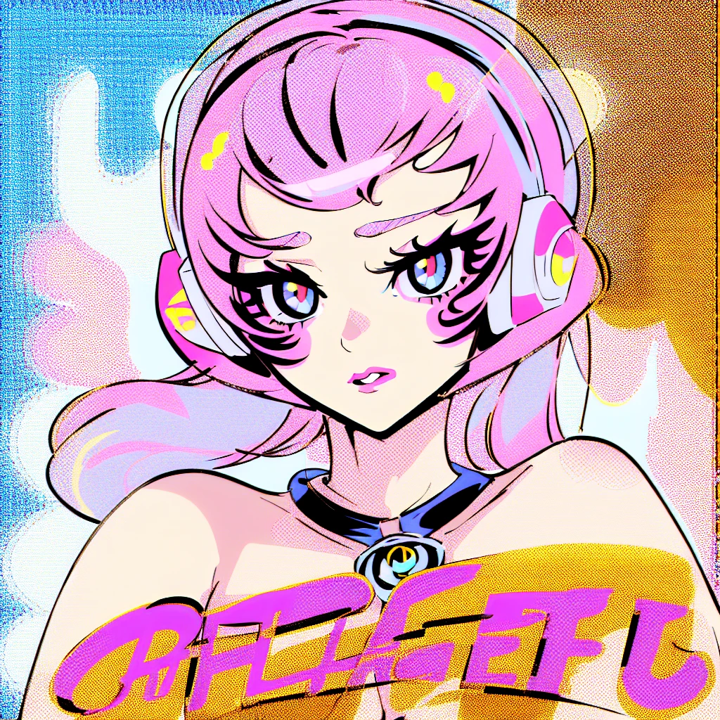 (masterpiece), Highest quality, One girl, Part your lips, Upper Body, bangs, Pastel background, Bodysuits,popart,Mixed Media,((Lichtenstein-style drawing)),(blue eyes,Wearing headphones)