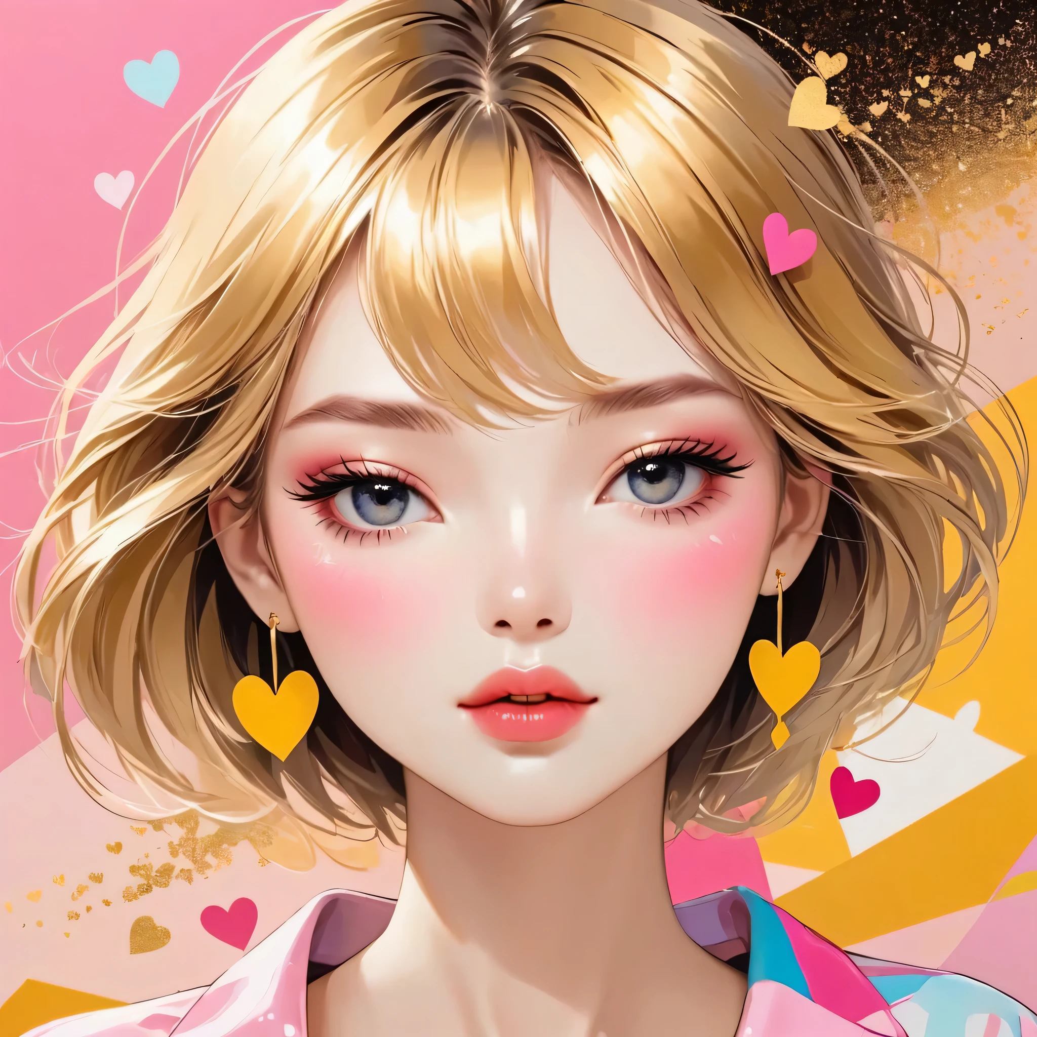 Mika Pikazo gold and pink style, Simple Line Initialism，Abstract art，Urban Background, (((The most beautiful girl of all time))), Sweet face. Lips in love, colorful hearts, stylish design