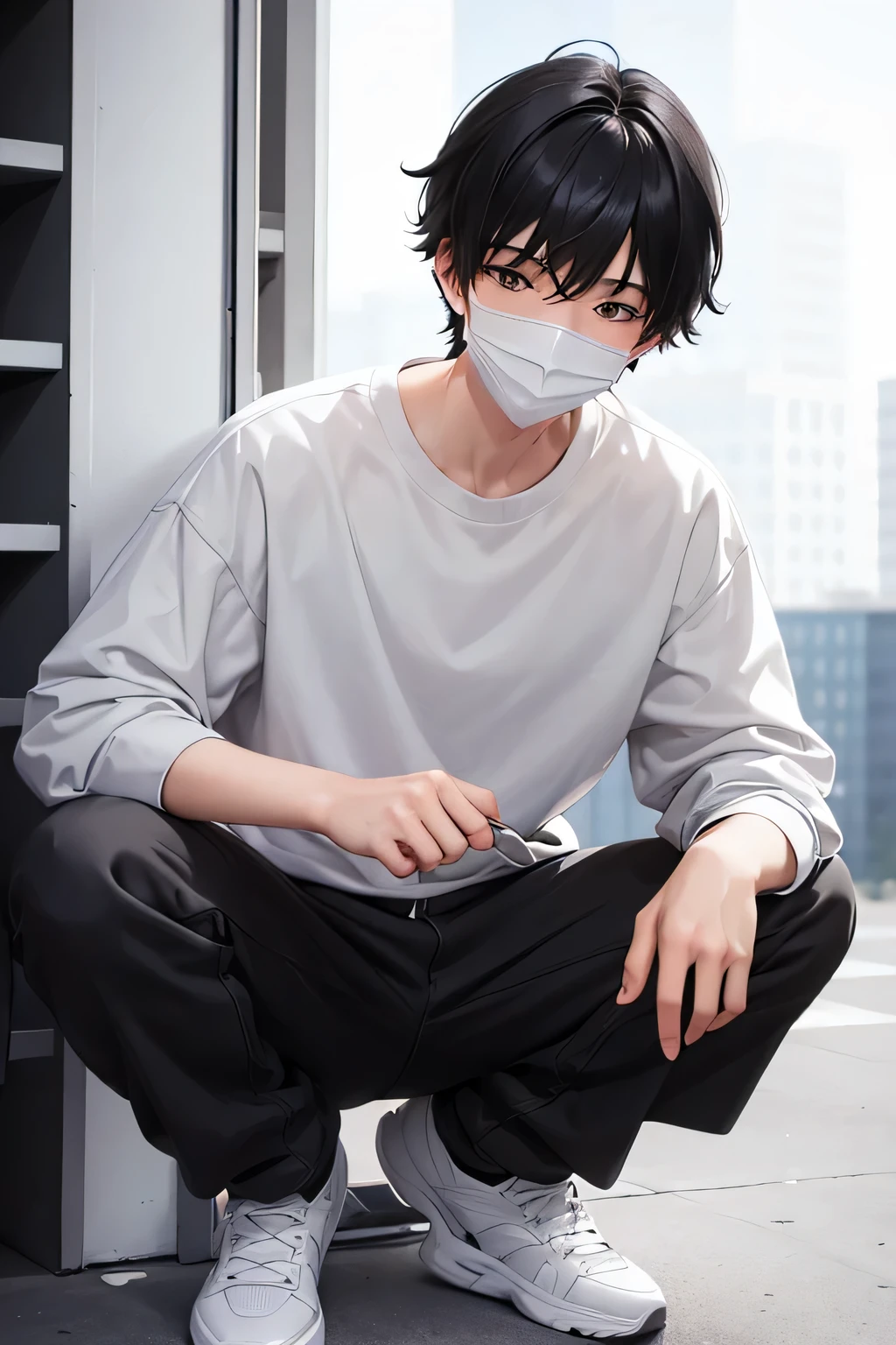 boy, black hair, tall, white skin, tender smile, gray eyes, gray sweatshirt, gray shoes, gray pants, mask with smile on top of head.