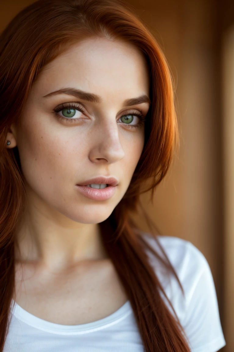 Photo,8k,sharp focus,beautiful woman,close up,T-shirt,(detailed eyes:0.8),(looking to the camera:1.4),(of the highest quality),(best shadow),Brown eyes,edge lighting,Two tone lighting,dimly lit,low key,intricate details,interior,horsetails,redhead:1.3,Open mouth:0.7,parts