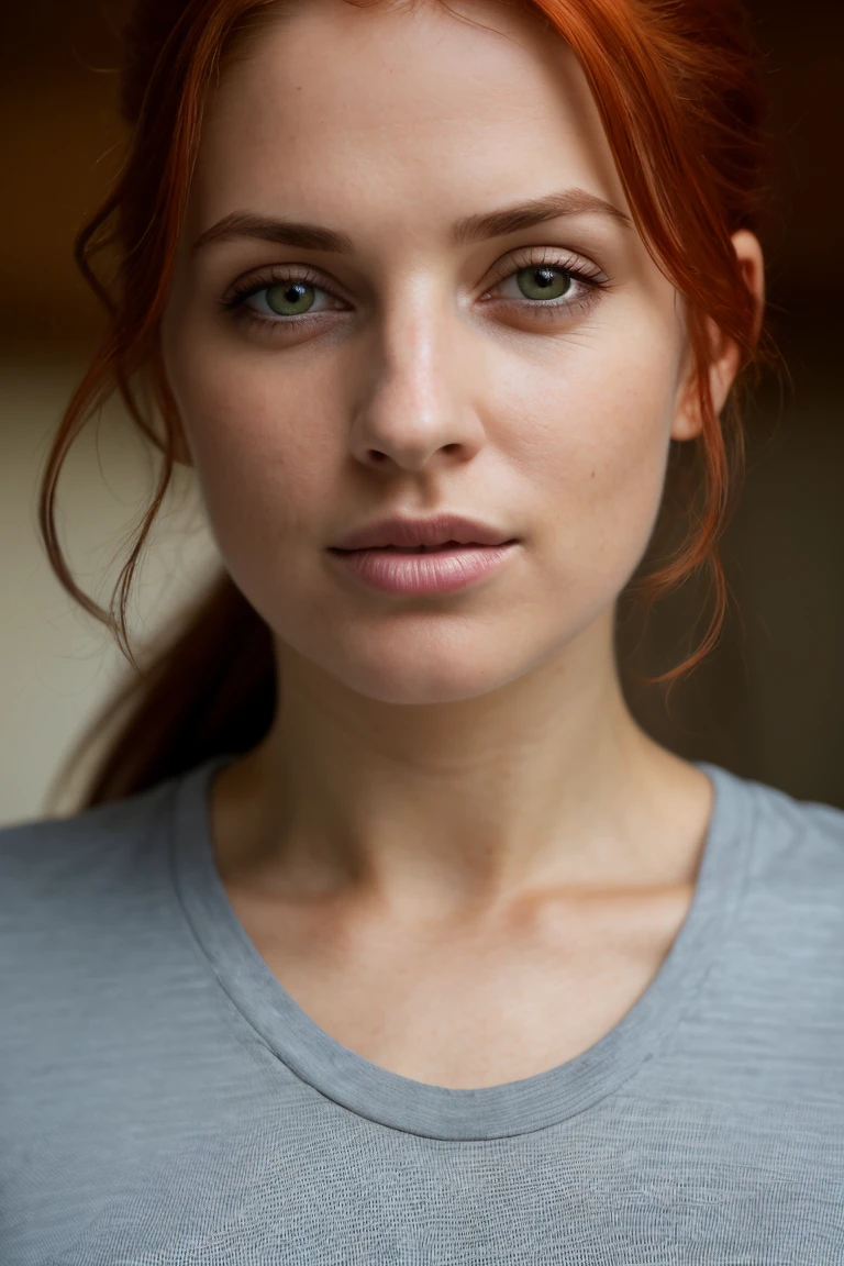 Photo,8k,sharp focus,beautiful woman,close up,T-shirt,(detailed eyes:0.8),(looking to the camera:1.4),(of the highest quality),(best shadow),Brown eyes,edge lighting,Two tone lighting,dimly lit,low key,intricate details,interior,horsetails,redhead:1.3,Open mouth:0.7,parts