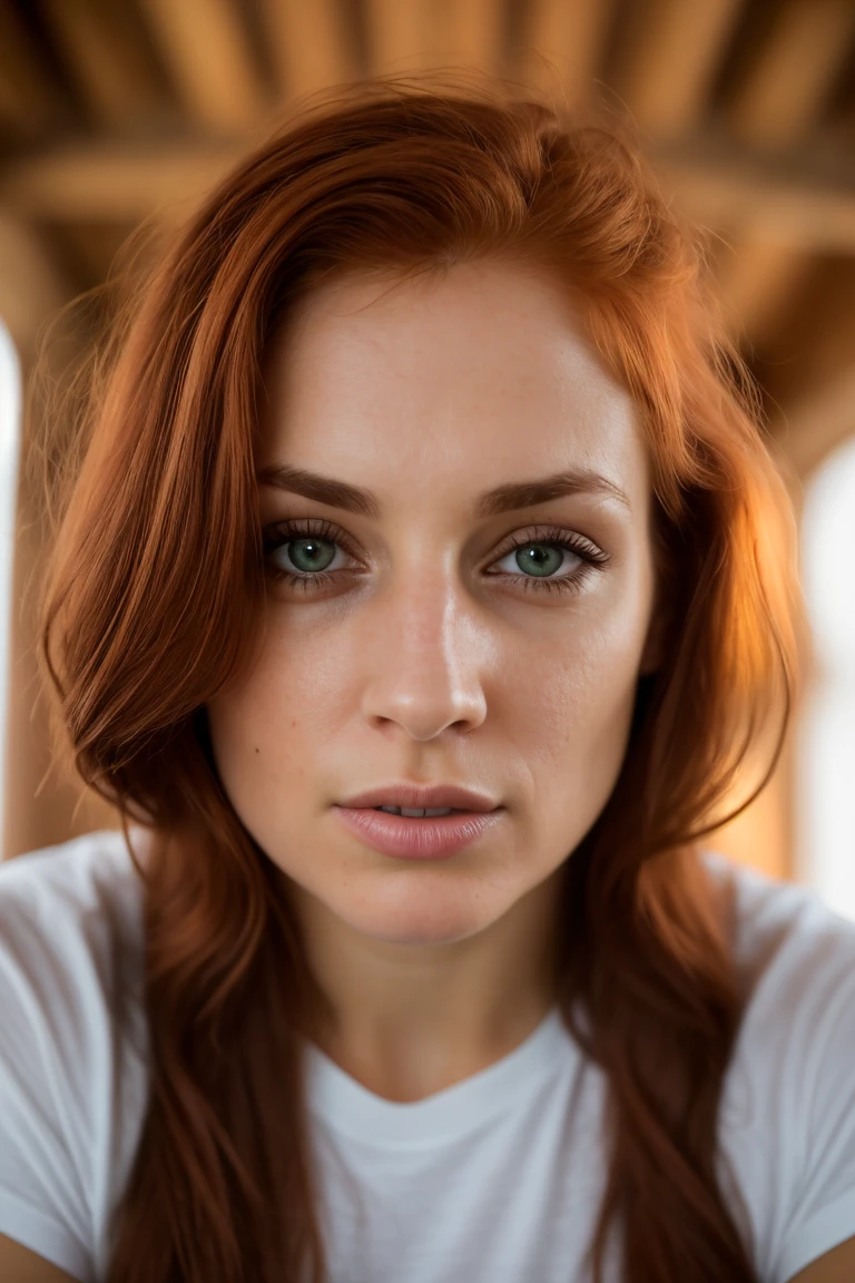 Photo,8k,sharp focus,beautiful woman,close up,T-shirt,(detailed eyes:0.8),(looking to the camera:1.4),(of the highest quality),(best shadow),Brown eyes,edge lighting,Two tone lighting,dimly lit,low key,intricate details,interior,horsetails,redhead:1.3,Open mouth:0.7,parts