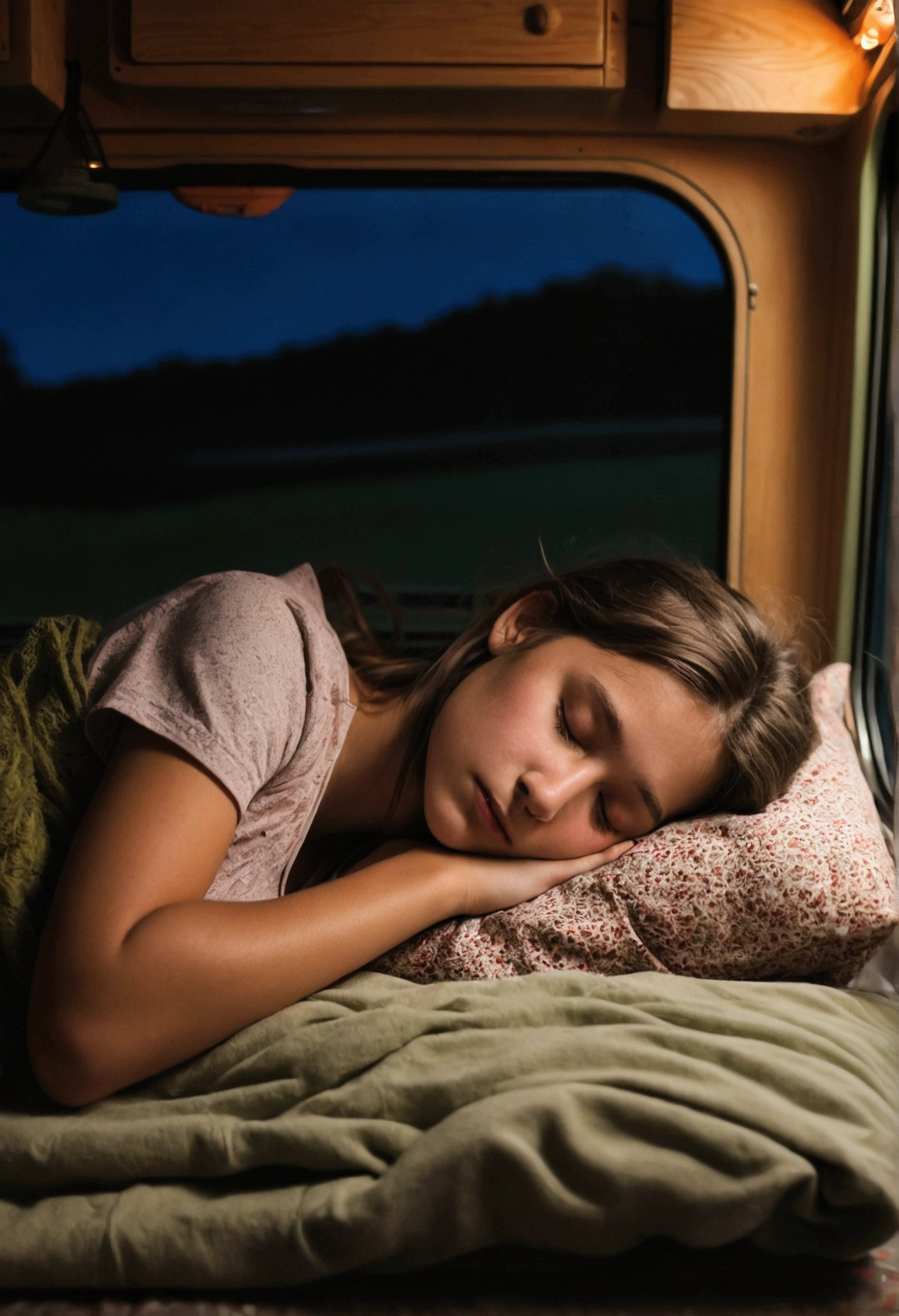 Girl sleeping in a camper