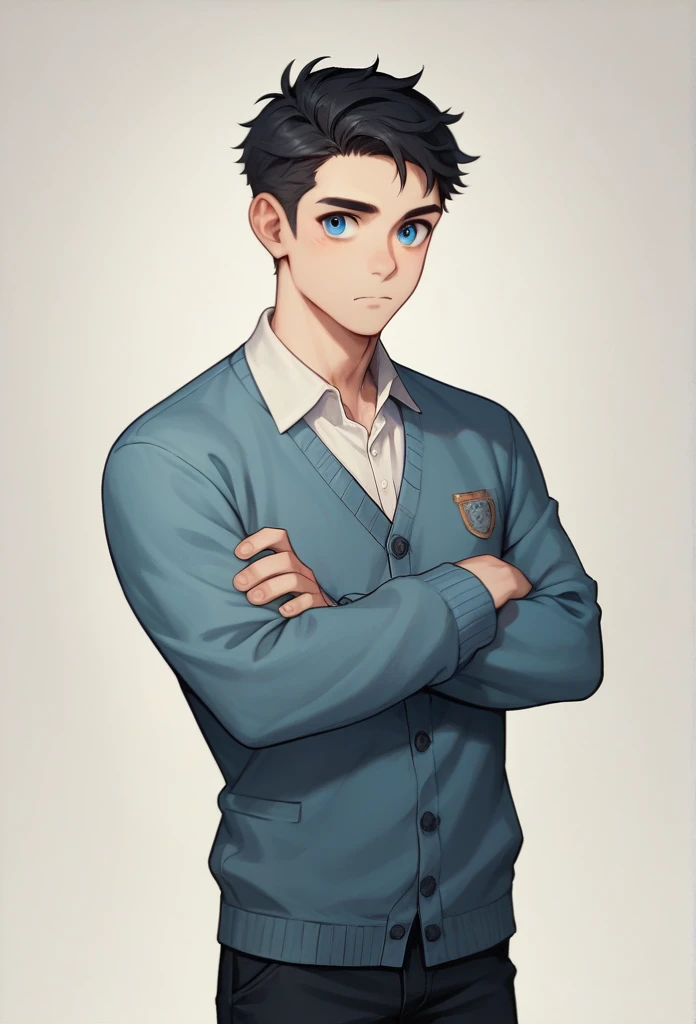 (best qualityer), (portraite),one boy with cute face, A rather short body,rather thin body black hair, wear a white shirt, navy cardigan,blue eyes and black pant.he is standing,crossed arms
 
