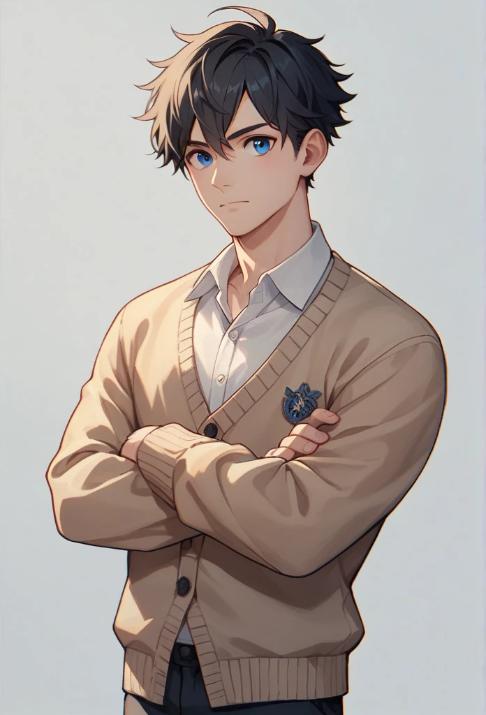 (best qualityer), (portraite),one boy with cute face, A rather short body,rather thin body black hair, wear a white shirt, navy cardigan,blue eyes and black pant.he is standing,crossed arms