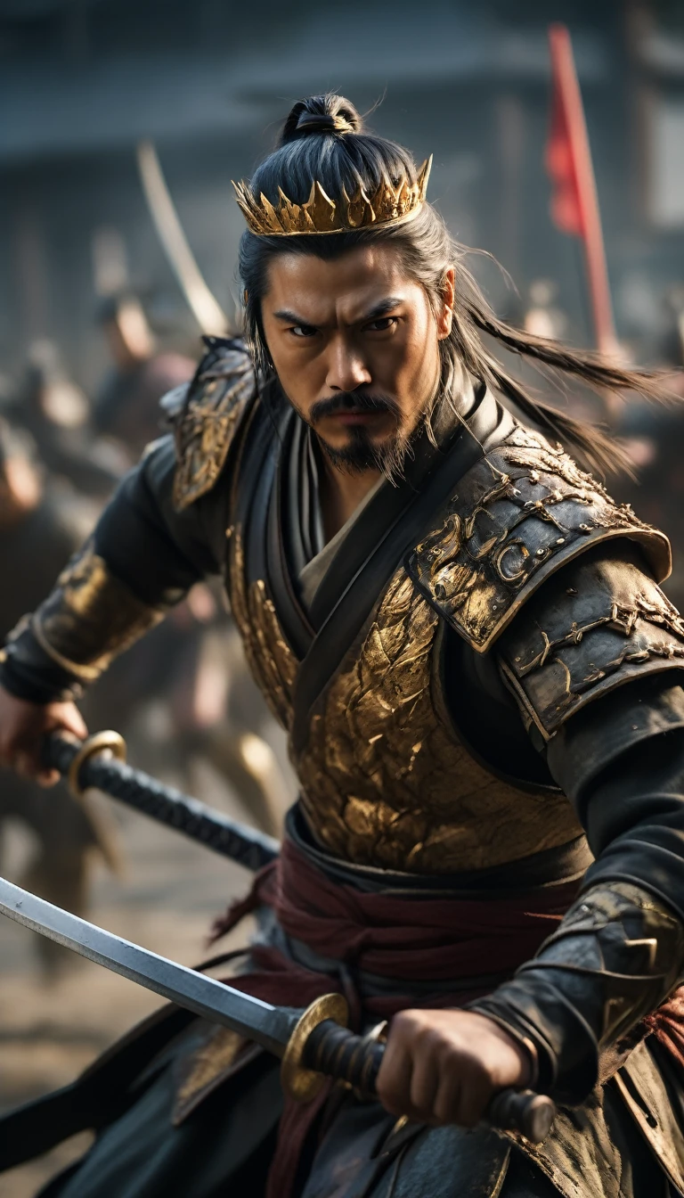 Hanzo Hatori leading a charge in a chaotic Sengoku-era battle., hyper realistic, ultra detailed hyper realistic, photorealistic, Studio Lighting, wearing a gold crown, reflections, dynamic pose, Cinematic, Color Grading, Photography, Shot on 50mm lens, Ultra-Wide Angle, Depth of Field, hyper-detailed, beautifully color, 8k