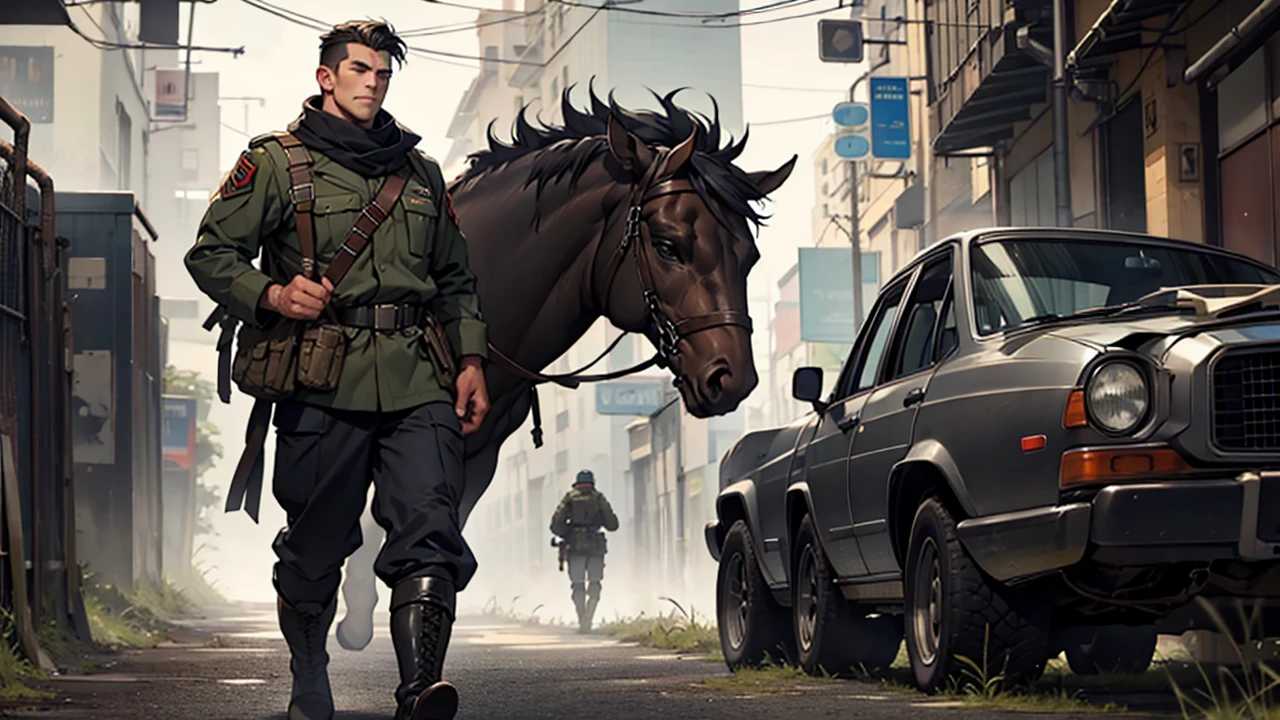 Handsome male soldier wearing black boots