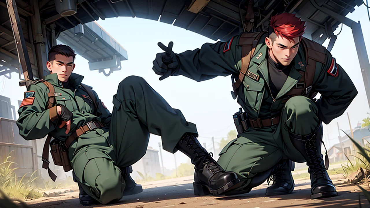 Handsome male soldier wearing black boots