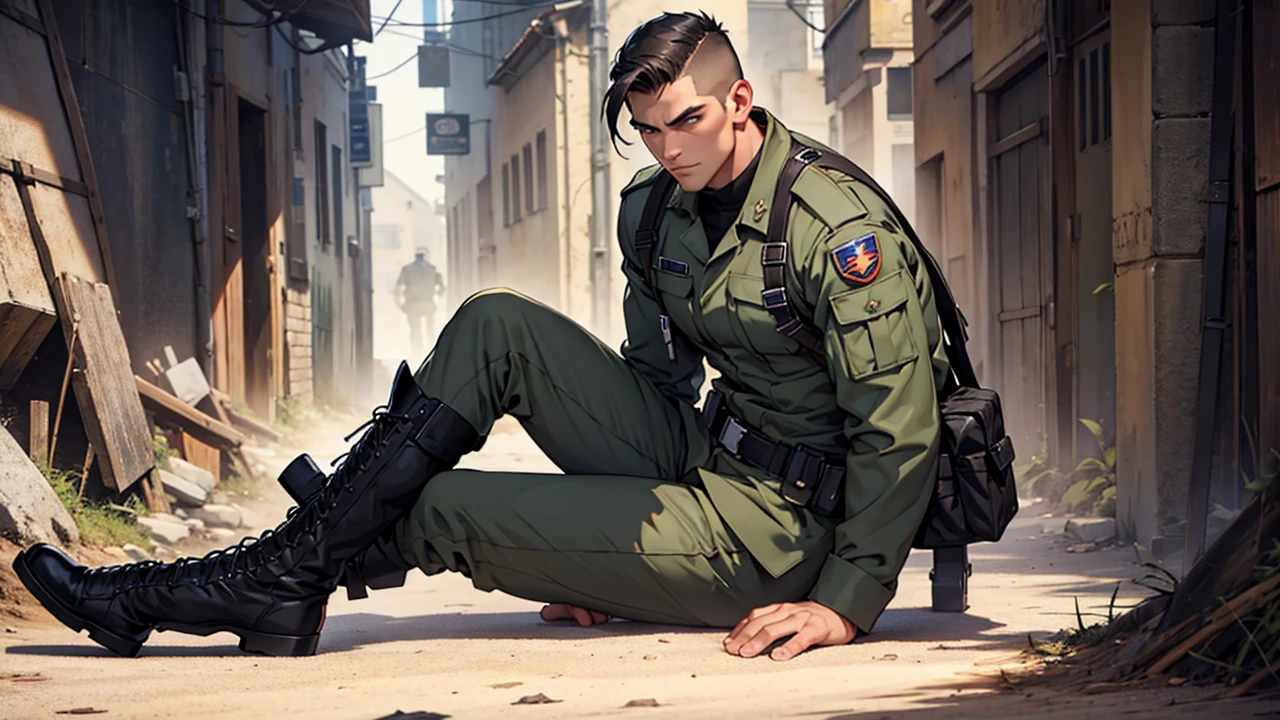 Handsome male soldier wearing black boots