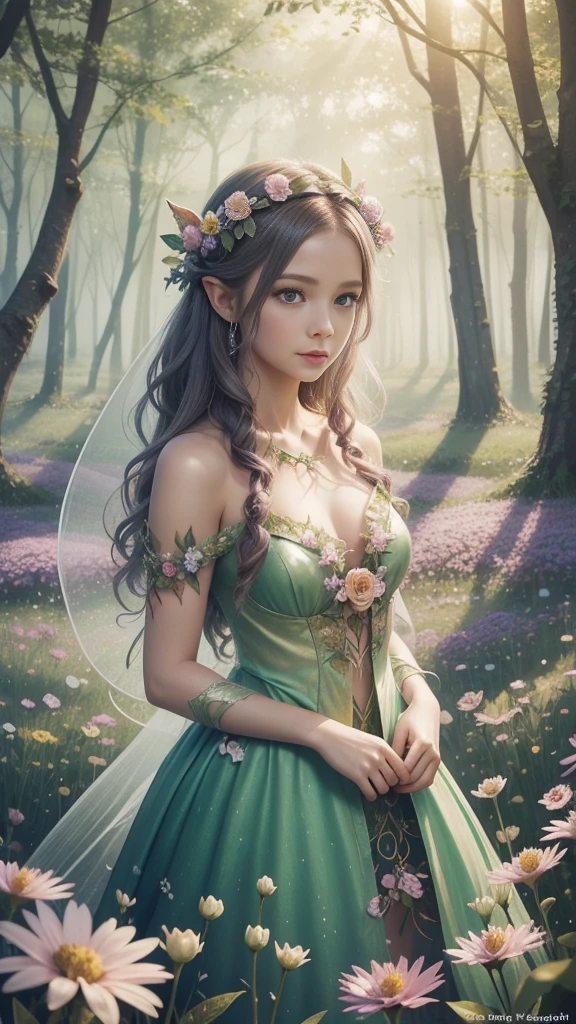 there is a woman dressed in a fairy costume standing in a field of flowers, a pastel by Marie Angel, trending on cg society, fantasy art, beautiful adult fairy, forest fairy, beautiful fairy, beautiful fairies, faerie, forest fae, beautiful fairie, high quality costume, fey queen of the summer forest, fairy magnificent, portrait of a fairy