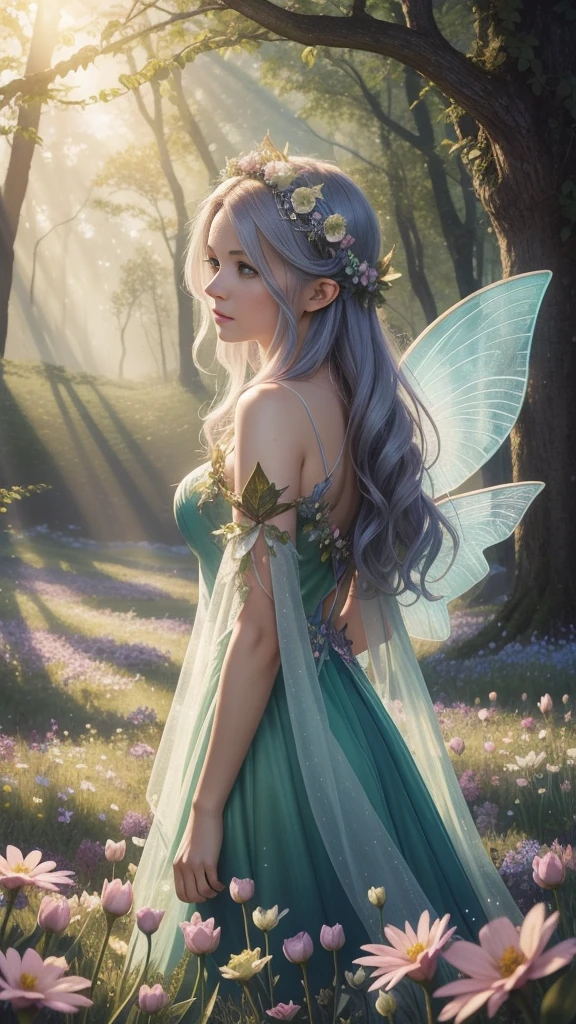 there is a woman dressed in a fairy costume standing in a field of flowers, a pastel by Marie Angel, trending on cg society, fantasy art, beautiful adult fairy, forest fairy, beautiful fairy, beautiful fairies, faerie, forest fae, beautiful fairie, high quality costume, fey queen of the summer forest, fairy magnificent, portrait of a fairy
