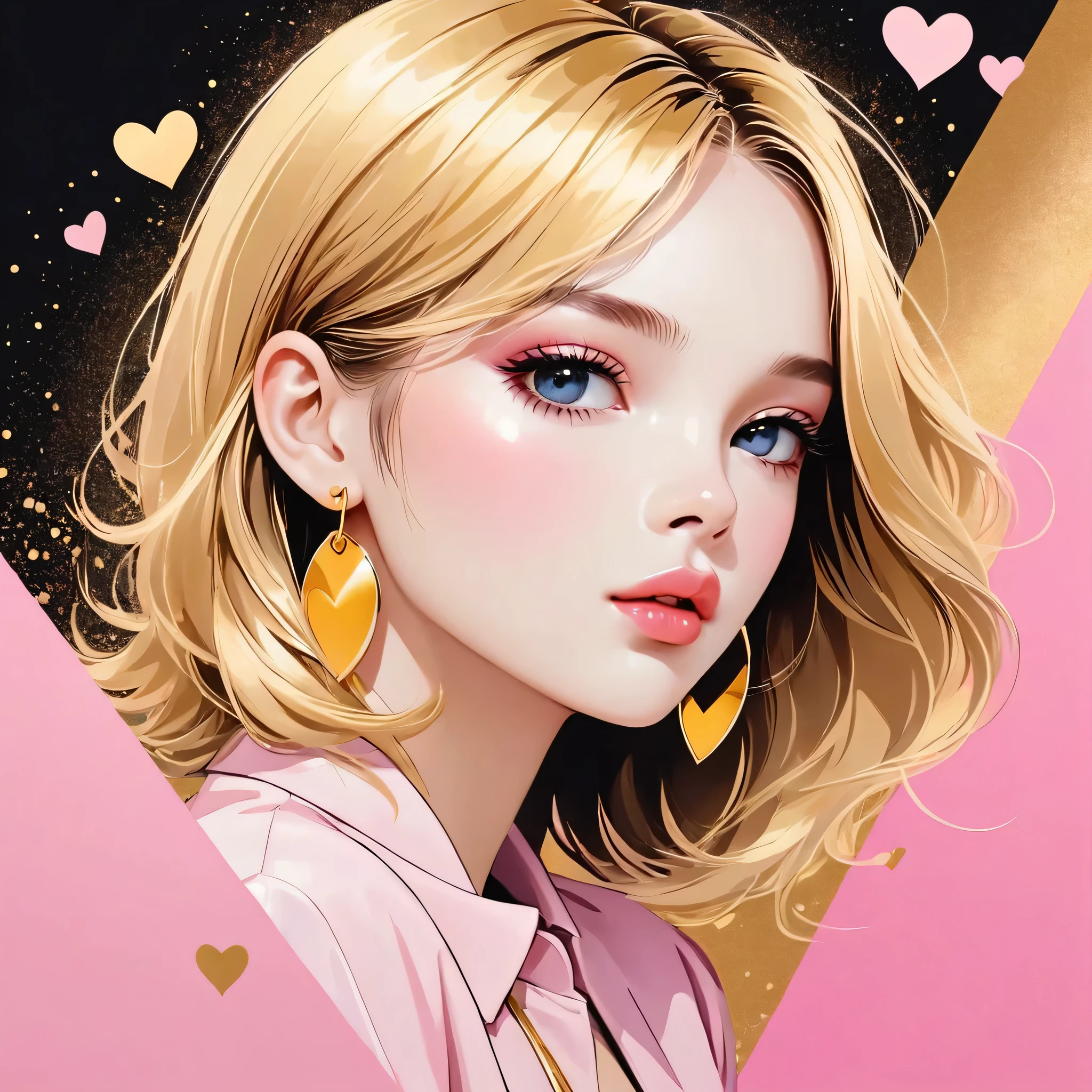 Mika Pikazo gold and pink style, Simple Line Initialism，Abstract art，Urban Background, (((The most beautiful girl of all time))), Sweet face. Lips in love, colorful hearts, stylish design