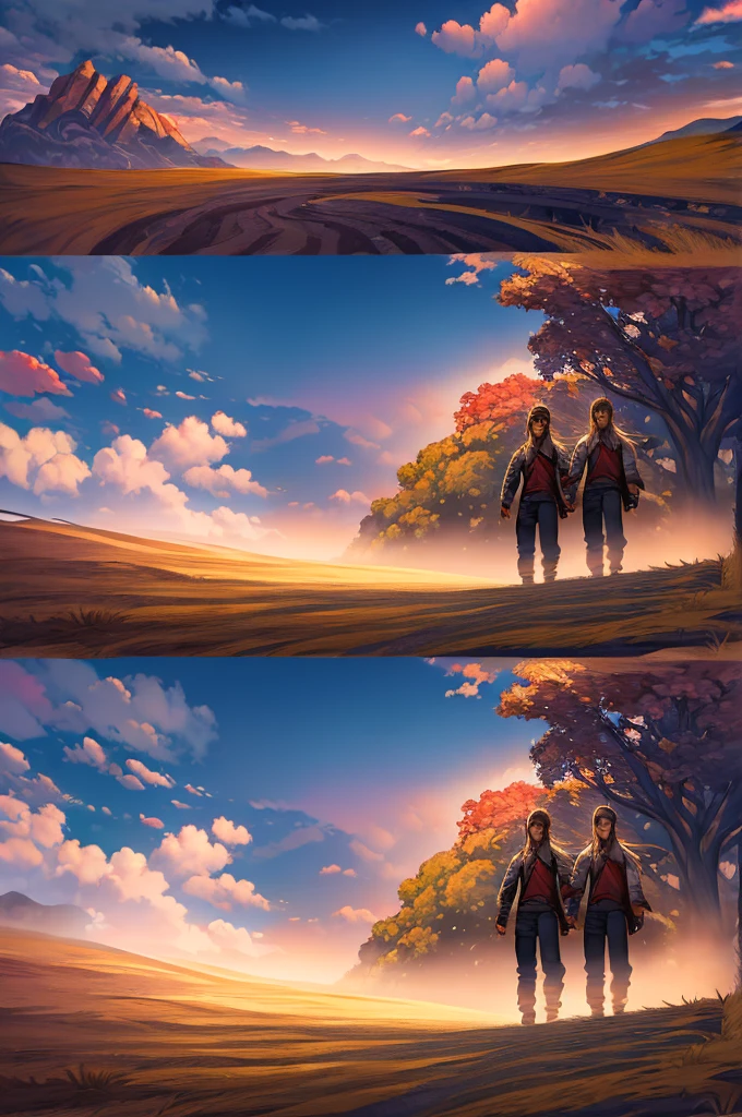 a man walking through a beautiful landscape, red eyes, long hair, detailed portrait, cinematic lighting, dramatic atmosphere, highly detailed, photorealistic, masterpiece, high resolution, 8k, vibrant colors, natural lighting, mist, fog, rolling hills, lush vegetation, serene pond, dramatic sky, golden hour, realistic textures, intricate details, 19