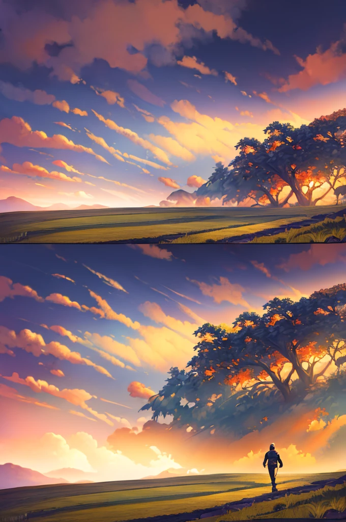 a man walking through a beautiful landscape, red eyes, long hair, detailed portrait, cinematic lighting, dramatic atmosphere, highly detailed, photorealistic, masterpiece, high resolution, 8k, vibrant colors, natural lighting, mist, fog, rolling hills, lush vegetation, serene pond, dramatic sky, golden hour, realistic textures, intricate details, 19