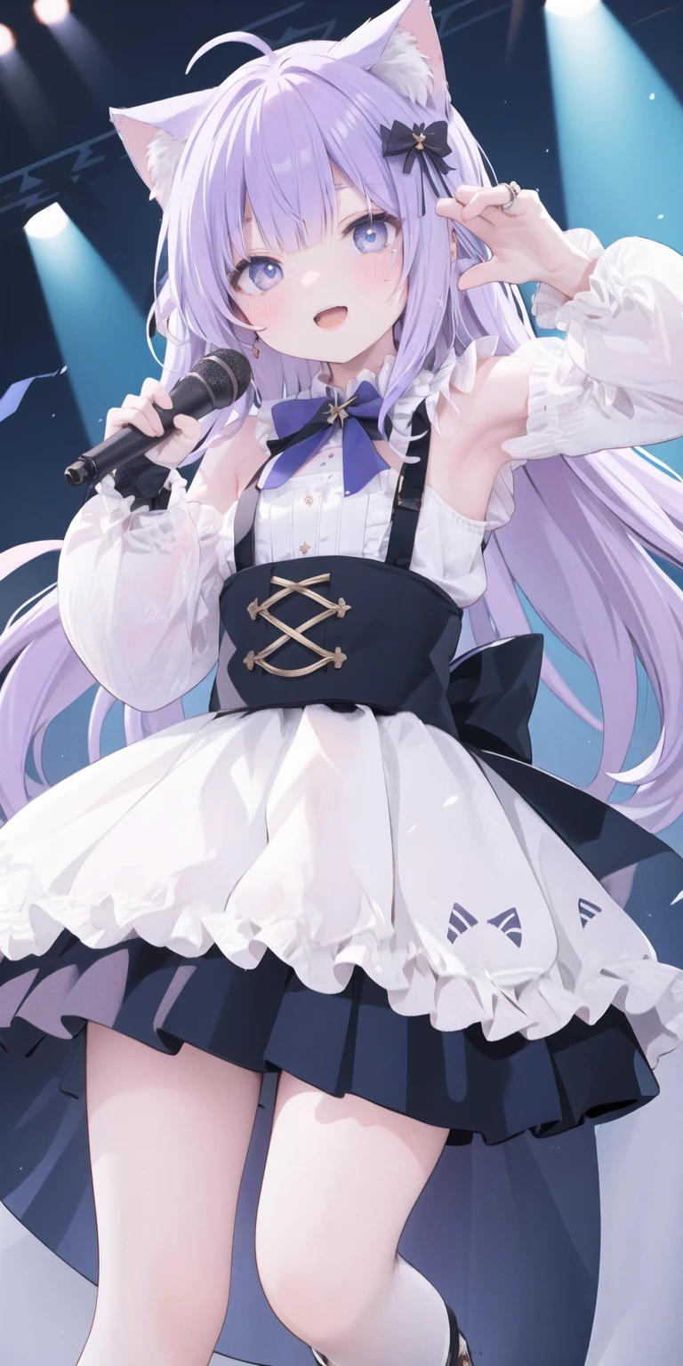 charming ,Long hair,Purple Hair,Close one eye,Smile,open mouth,Artifact Marking,A charming look,charming gesture,Sing,Big blue eyes,White ,Pleated Skirt,Cat ears,Cat'Tail,Beautiful gloves,Hair accessories,bow tie,Leg ring,White boots,whole body,stage,one person