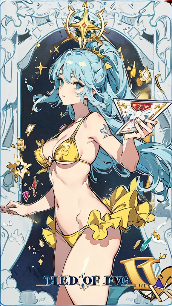Aries、tarot cards,(Golden Hair 1.5)、Hands together,Vulcan salute,attention, There is a halo behind the head,finely_detailed, perfect_Body, perfect_Eye, perfect_Face, perfect_finger,Yu-Gi-Oh card game style、(((Voluminous breasts 1.8)))、(((micro bikini 1.4)))、(Saggy breasts 1.4)、(Cleavage 1.4),Seductive pose、Random Pause、cowboy shot、
(The Aries symbol is depicted on the card frame 1.3)、Three-dimensional depiction that seems to emerge from the card, ultra-detailed depiction, artistic、A pose that makes it seem as if the person is coming out of the card、The card frames are drawn in super-beautiful detail, perfect anatomy, perfect fingers, super beautiful faces, stunning beauties aged 16 to 30、Greek mythology sculpture style background、Super beautiful eyes, and the card frame features illustrations of the moon, sun, stars, and golden coins、The card frame features an illustration of a sword and shield、Card colors are random、Depicts the symbol of Aries、Write the letter Aries、Write Aries on the top of the tarot card.May the person who sees the tarot card be happy、Write the word "Aries" in embossed letters on the tarot card、Magic wand, spear, bow and arrow, guitar, fire, water, earth, wind, dagger, pen, sword, crossbow, large shield, gloves, fishnet stockings、Flowers, leaves, good luck, four leaf clover、Scattering jewels、Diamond, ruby, sapphire, topaz, blue sapphire, pearl, crystal,Aries sign tattoo on body、Random hair color、Rainbow, red, blue, orange, yellow, purple, green, gold, Silver, light blue, brown, white, yellow-green, navy blue, pink,Her hair is blue、Golden Hair