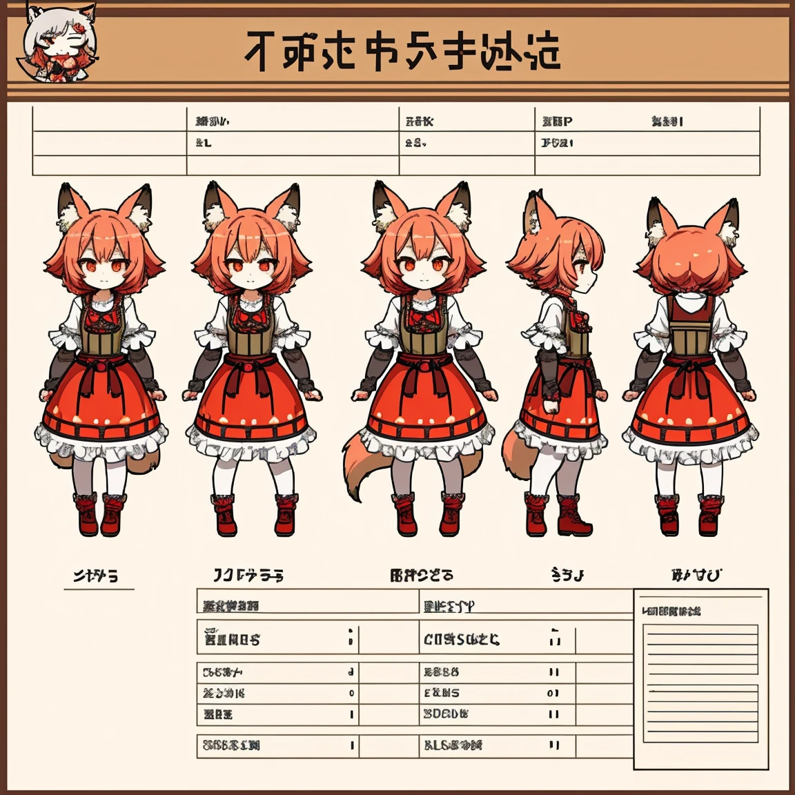 Character Sheet, Fox Girl, Food themed clothing, variation, Highest quality, pixel