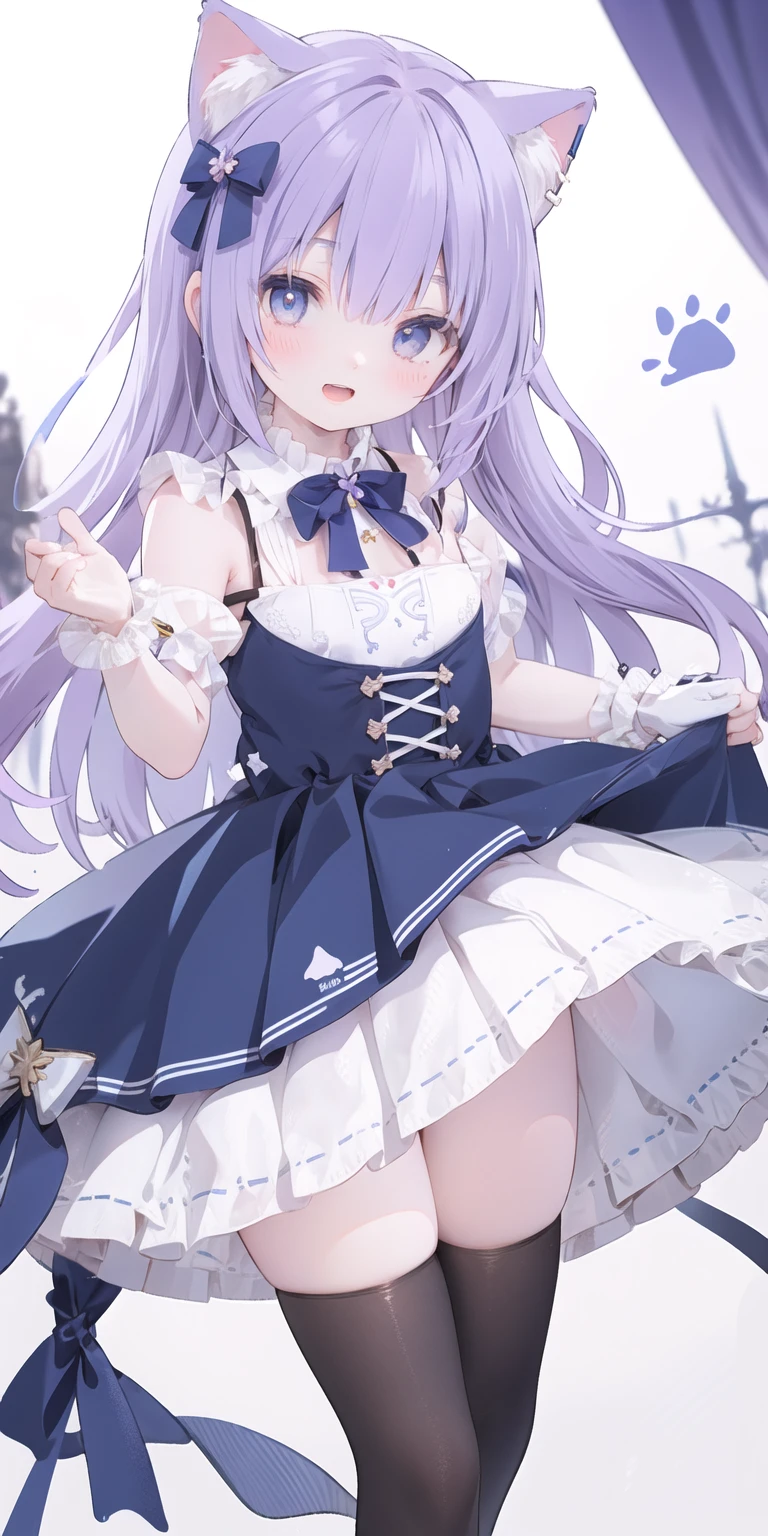 charming ,Long hair,Purple Hair,Close one eye,Smile,open mouth,Artifact Marking,A charming look,charming gesture,Sing,Big blue eyes,White ta,Pleated Skirt,Cat ears,Cat'Tail,Beautiful gloves,Hair accessories,bow tie,Leg ring,White boots,whole body,stage,one person