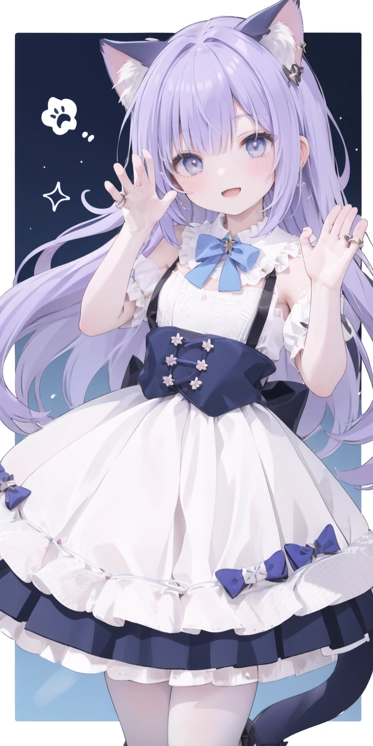 charming ,Long hair,Purple Hair,Close one eye,Smile,open mouth,Artifact Marking,A charming look,charming gesture,Sing,Big blue eyes,White Lolita,Pleated Skirt,Cat ears,Cat'Tail,Beautiful gloves,Hair accessories,bow tie,Leg ring,White boots,whole body,stage,one person