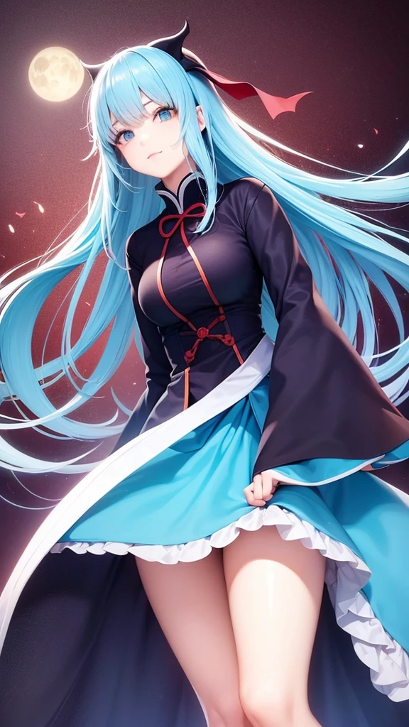 High quality, high quality, Japanese anime touch, one woman, sharp outline, long light blue hair, dracula costume, cute pose facing us,