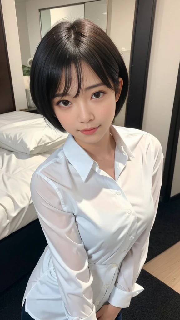 (masterpiece:1.3), (8K, Realistic, RAW Photos, Highest quality: 1.4), Japanese, (One girl), Beautiful Face, (Realistic Face), (Black Hair, short hair:1.3), Beautiful hairstyle, Realistic eyes, Beautiful attention to detail, (Realistic Skin), Beautiful Skin, Charm, Ultra-high resolution, Ultra-realistic, Very detailed, Golden Ratio, (Detailed face:1.2),View your viewers,smile,Open white shirt,Medium chest,Are standing,Hands on hips